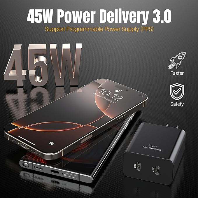 USB C Charging Block Dual Port 45W PD Super Fast Charger Type C Wall Plug Adapter Quick Charge for Galaxy S25/S24/S23/S22/S21/S20/Z Fold 3/4/5/Note20/ iPhone 17,17 Air