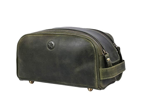 10" Premium Leather Toiletry Travel Pouch With Waterproof Lining | King-Size Handcrafted Vintage Dopp - Kit Gift for Father's Day By Aaron Leather Goods
