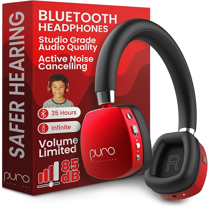 Puro Sound Labs PuroQuiet Plus Kids Noise Cancelling Headphones, Bluetooth Kids On Ear Headphones with Mic, Lightweight On-Ear Design, Studio-Grade Sound (Red)