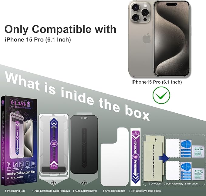 2 Pack Matte Privacy Screen Protector for iPhone 15 Pro 6.1-Inch Auto Dust Removal, No Bubbles,Anti-Spy Tempered Glass Film, Easy Installation