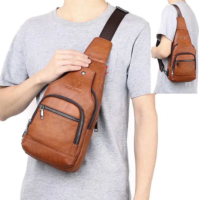LUKZIJAES Genuine Leather Sling Bag for Men