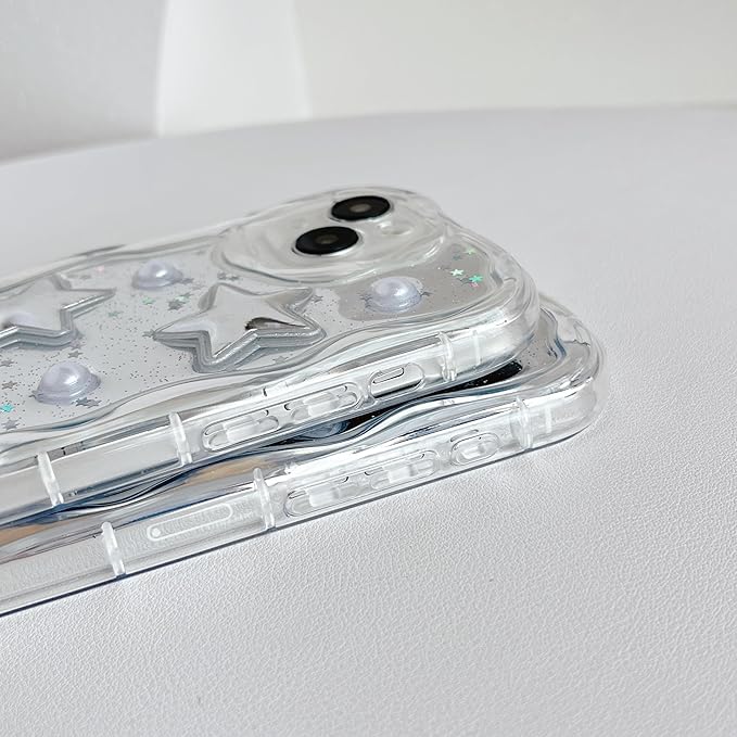 3D Stars Pearls Wavy Frame Plating Mirror Phone Case Compatible with iPhone Case for Women Girls (Clear,for iPhone 14 Pro)