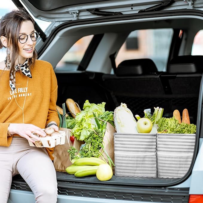 Lifewit Extra Large Tote Bag, Reusable Grocery Bags with Metal Wire Frame and Handles, Standing Utility Foldable Shopping Bags for Storage, Picnics, Beach, Pool, Laundry, Car 2 Packs 46L Gray and Pink