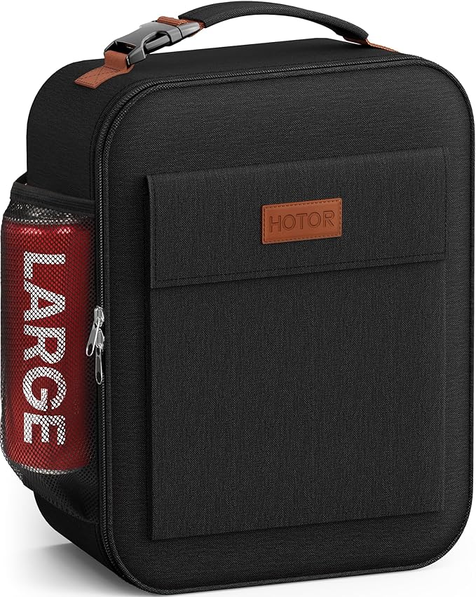 HOTOR Lunch Bag for Men & Women - Large Capacity Insulated Lunch Bag with Mutiple Pockets, Easy-Carrying, Wear-Resistant Cooler Lunch Box for Office, Picnic, Black, 9.50" x 4.30" x 11.00"
