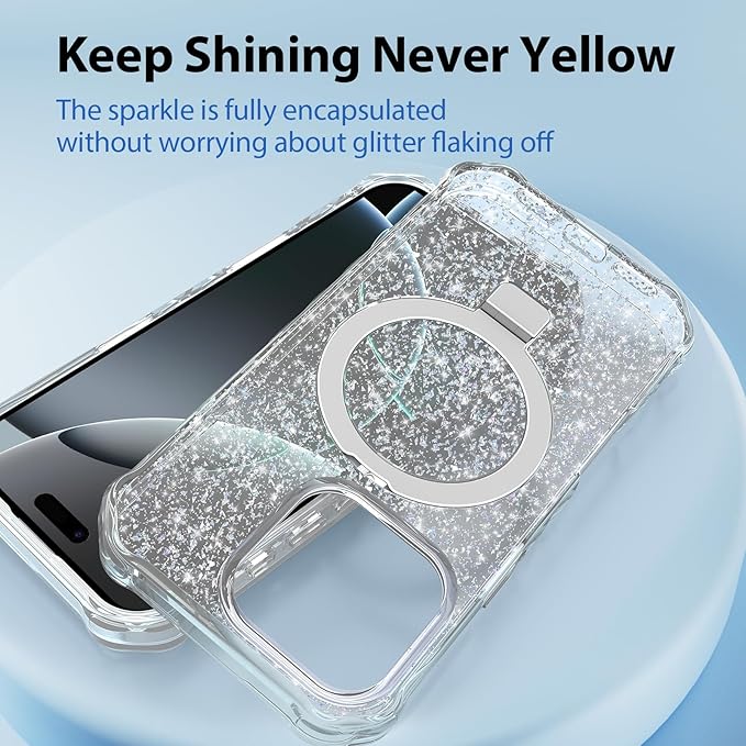 Magnetic for iPhone 16 Pro Case with Invisible Stand, Compatible with MagSafe, Clear Bling Sparkle Shockproof Slim Anti-Slip Military Drop Protection Hard Phone Case 6.1" Glitter Silver