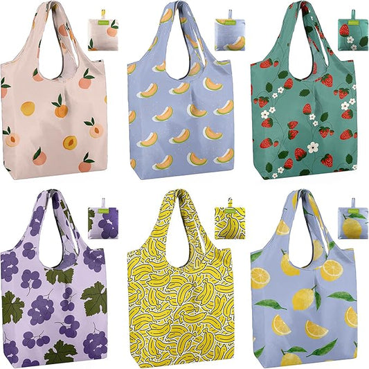 BeeGreen Reusable Grocery Bags 6 Pack, Heavy Duty Totes for Women, Foldable Grocery Bag Large Shopping Totes with Handles for Work, Travel, Gift, Store, Polyester Washable Reusable Tote Bag