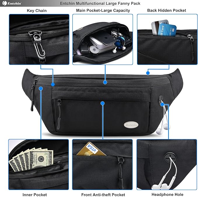 Entchin Fanny Pack for Women Men,Crossbody Belt Bag with 4-Zipper Pockets,Adjustable Waist Bag Pack,One of the Most Popular Travel Essential Gifts for Walking,Traveling,Cycling