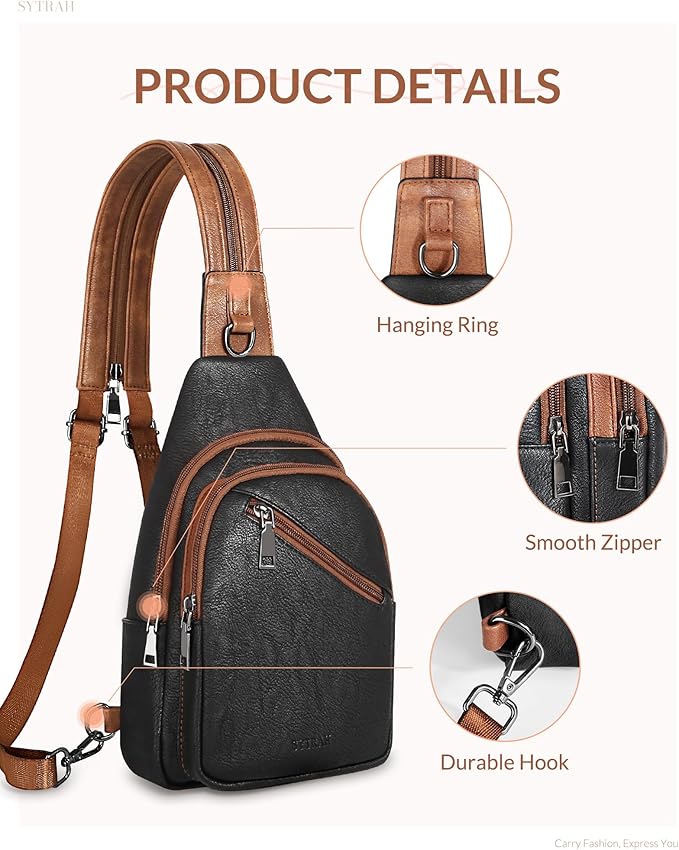 Sling Bag for Women, Crossbody Bags for Women Trendy Crossbody Purse Vegan Leather Sling Backpack Chest Bag with Dual Purpose Strap, Black Brown
