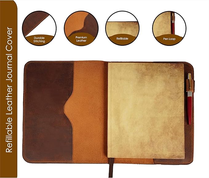 Brown Leather Journal Cover, Distressed XL Journal 7.5x9.75 Handmade Leather Notebook Bible Cover Travelers Notebook Refillable Planner B5 Composition Notebook Holder