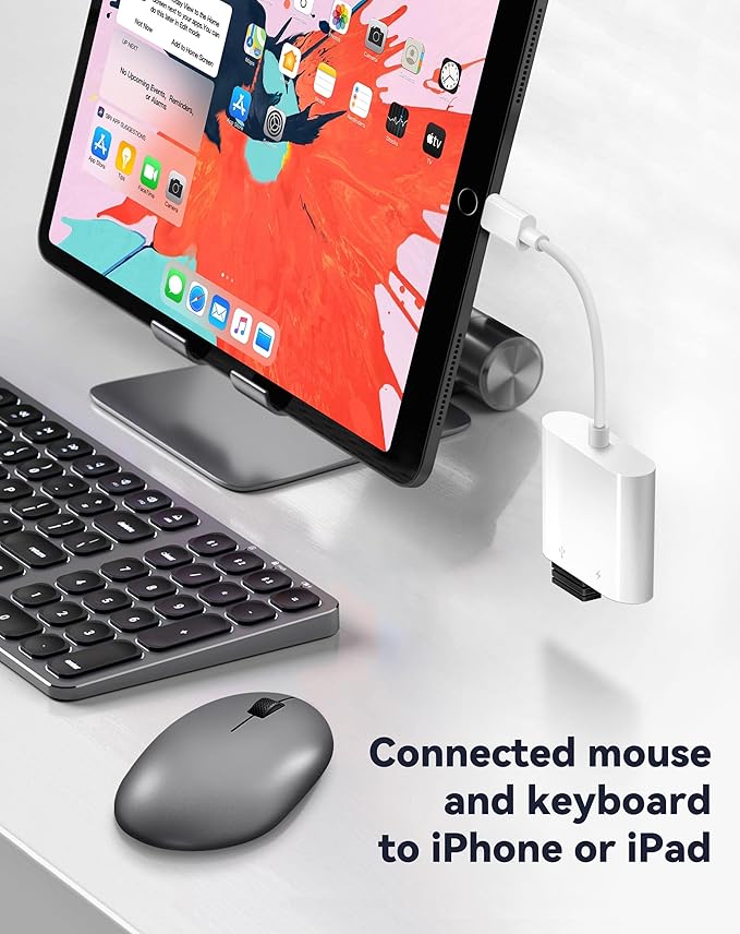 USB Adapter for iPhone iPad, iPhone to USB Adapter with Charging Port, USB3 Female Adapter Supports USB Flash Drive/Hard Disk/SD Card Reader/Microphone and MIDI, Plug & Play