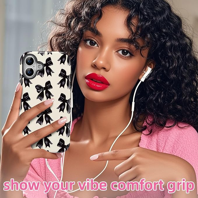 QLTYPRI Case for iPhone 16 Plus, Aesthetic Black Ribbon Bow Phone Case for Girls Women, Protective Hybrid 2-Layer Hard Shell Silicone Cover Durable Shockproof Phone Cover - Beige