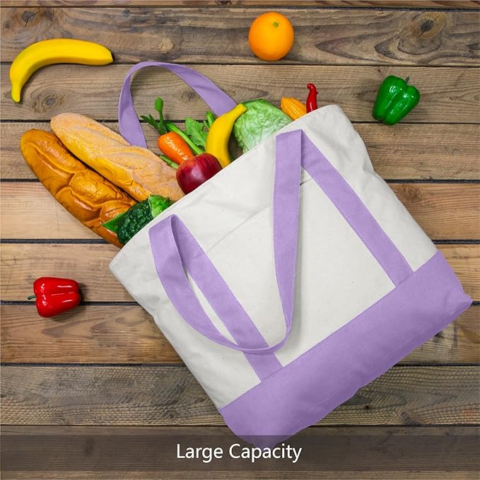 TOPDesign 6-Pack Canvas Tote Bags with an External Pocket, Reusable Grocery Shopping Bags, Top Zipper Closure, Daily Essentials (Lavender/Natural)
