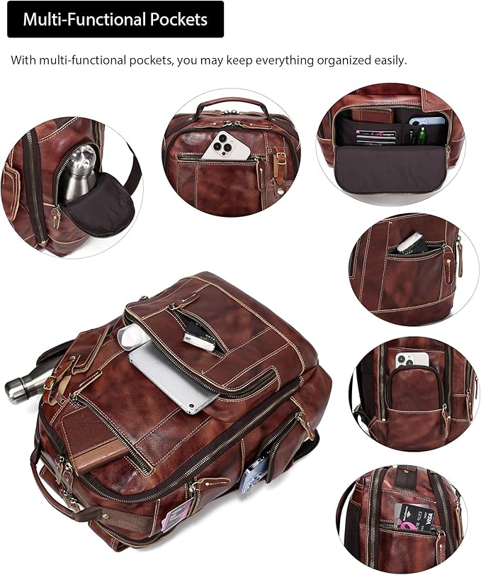 LANNSYNE Full Grain Leather Backpack For Men, Fits 16" Laptop, Coffee