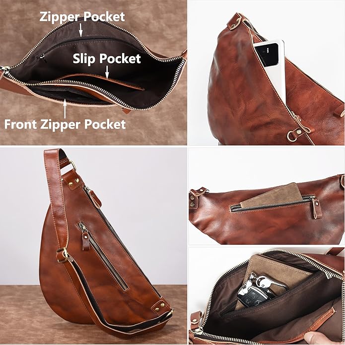 Genuine Leather Sling Bag for Men and Women Lightweight Crossbody Shoulder Bag Chest Purse Sling Backpack