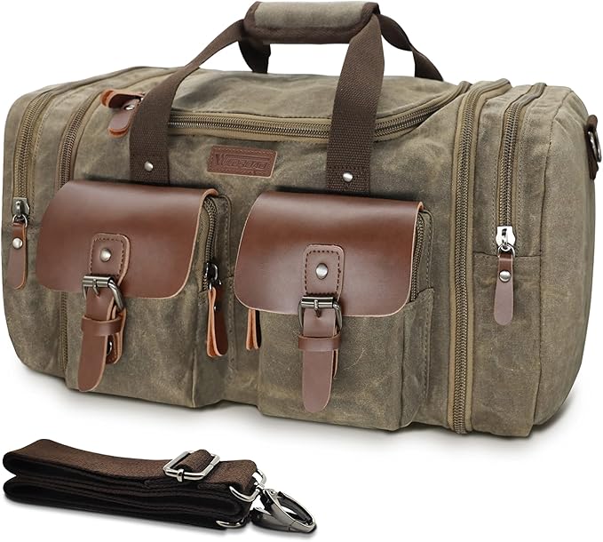 Wildroad Waxed Canvas Duffle Bag - 50L Waterproof Weekender Overnight Travel Bag