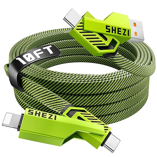 SHEZI [Upgraded 2.0] 4-in-1 USB C Cable 60W 10FT Fast Charging [480Mbps Data Sync] Flat Nylon Braided Charger Cord Combo, USB A/C to C/L Multi Charge Cable for iPhone/iPad & Most Devices, Green