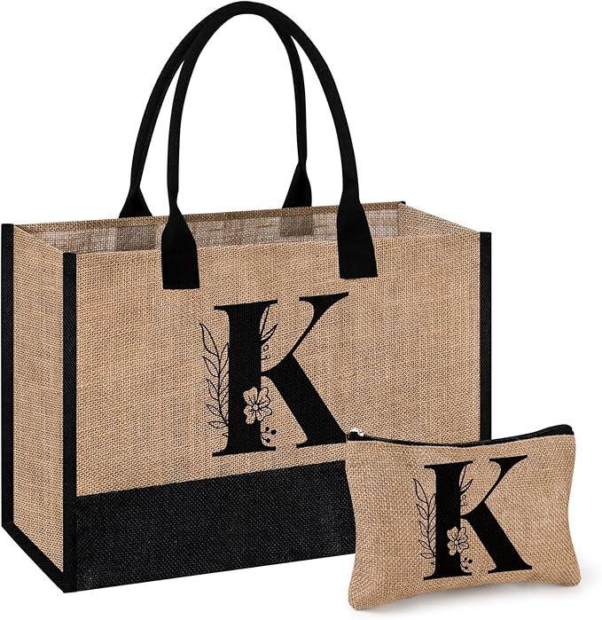 AYGE Personalized Initial Jute Tote Bag & Makeup Bag, Beach Bag, Monogrammed Birthday Gifts for Women Sister Mom Bridesmaid