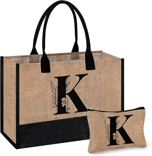 AYGE Personalized Initial Jute Tote Bag & Makeup Bag, Beach Bag, Monogrammed Birthday Gifts for Women Sister Mom Bridesmaid