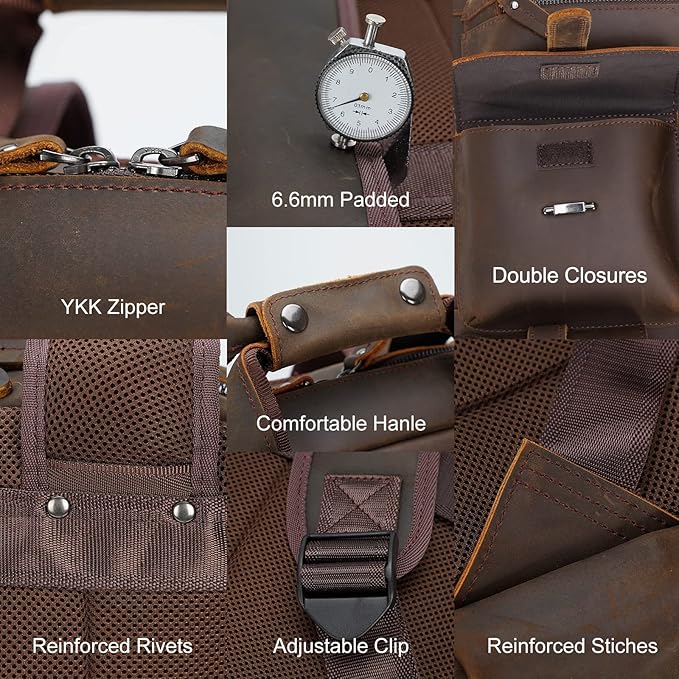 Masa Kawa Leather Backpack for Men Vintage 15.6 Inch Laptop Bag Multi Pockets Casual Travel Daypack Brown