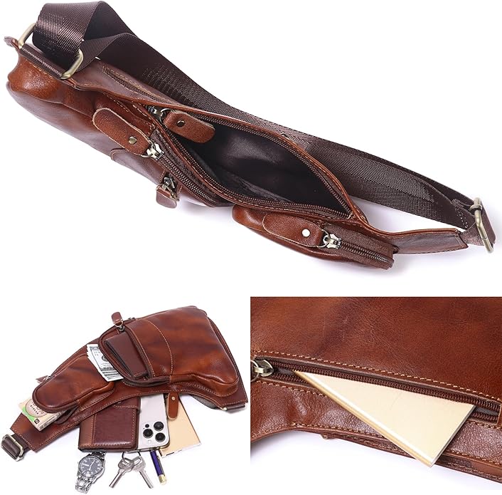 Genuine Leather Sling Bag for Men Women Backpack Chest Shoulder Satchel Crossbody Bags Casual Outdoor Daypack
