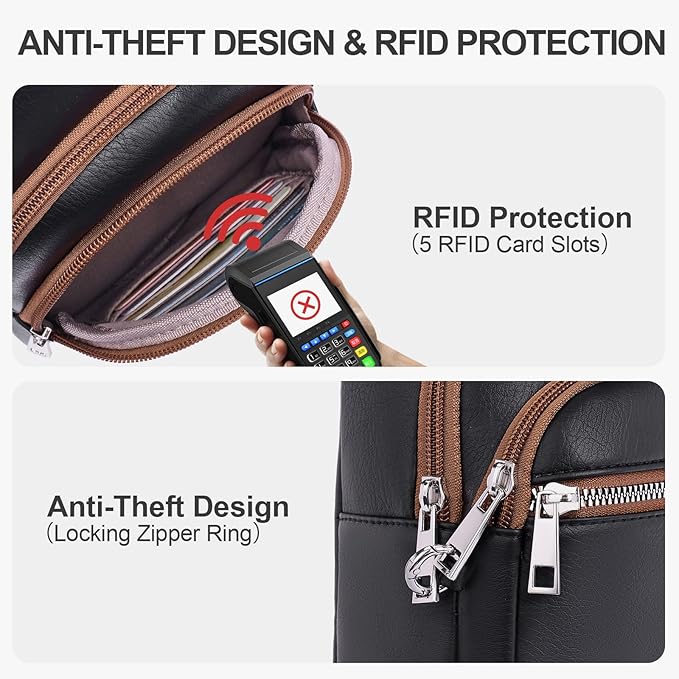 Anti Theft Crossbody Bags for Women Travel Chest Sling Bag Leather RFID Purse Fanny Pack Black