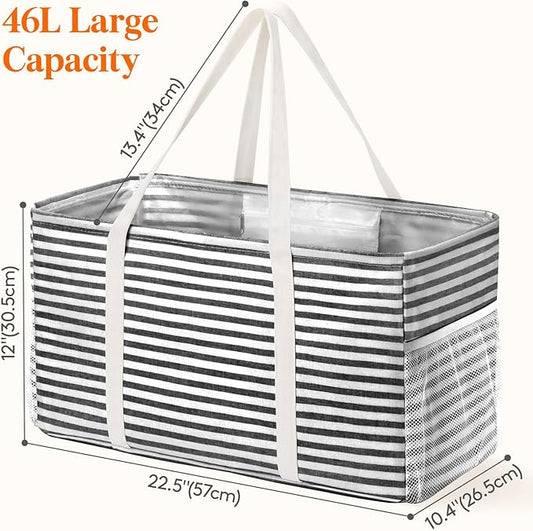 Lifewit Extra Large Tote Bag, Reusable Grocery Bags with Metal Wire Frame and Handles, Standing Utility Foldable Shopping Bags for Storage, Picnics, Beach, Pool, Laundry, Car, Camping, 1 Pack, Black