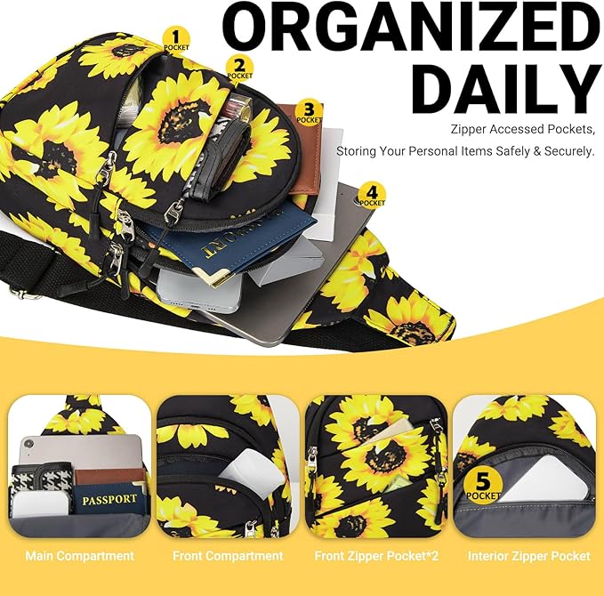 Crossbody Bags for Women, Sling Bag for Men, Small Hiking Backpack Anti Theft Lightweight for Outdoors Travel （M, Sun Flower）