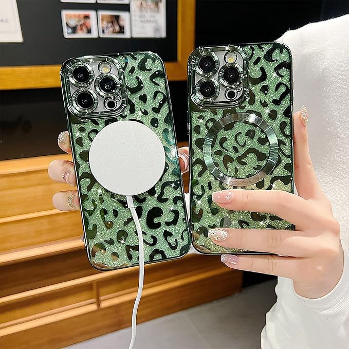 for iPhone 15 Pro Max Case Magnetic,Soft Cute Luxury Leopard Cheetah Pattern Plating Glitter Bling Phone Case Compatible with MagSafe Clear Shockproof Back Cover for Women Girl 6.7"-Green
