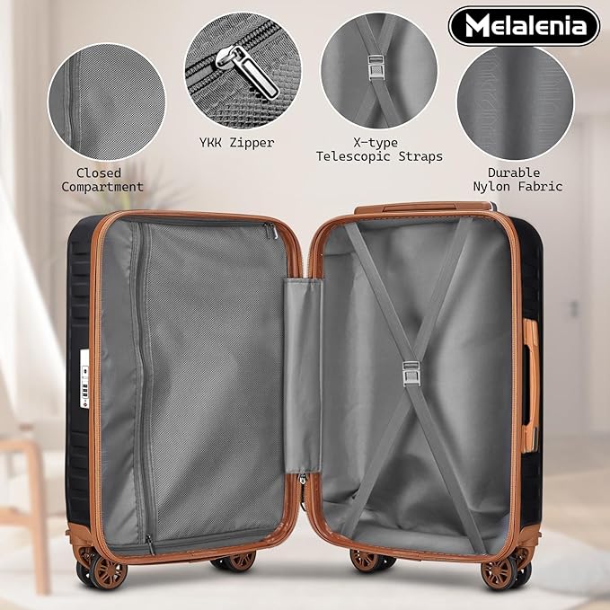 Melalenia Luggage Sets 7 Piece Suitcase Set, Hard Shell Carry on Luggage Travel Suitcases with Spinner Wheels and TSA Lock, Lightweight Luggage Set for Women, Black Brown