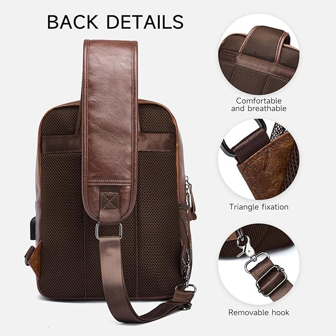 Sling Bag for Men Leather Crossbody Bag with Handgun Holder and USB Charging Port, Vintage Cross Body Pack, 7L Small Casual Daypacks for Travel, Commute, Cycling (Brown)
