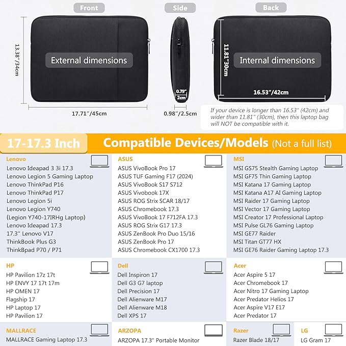 HYZUO 17-17.3 Inch Laptop Sleeve Bag Set for 17" 17.3" HP/Lenovo/Dell/ASUS/Acer/LG/Toshiba/MSI Gaming Laptop/Razer Blade 17/18, Notebook Protective Case for Men Women, Black