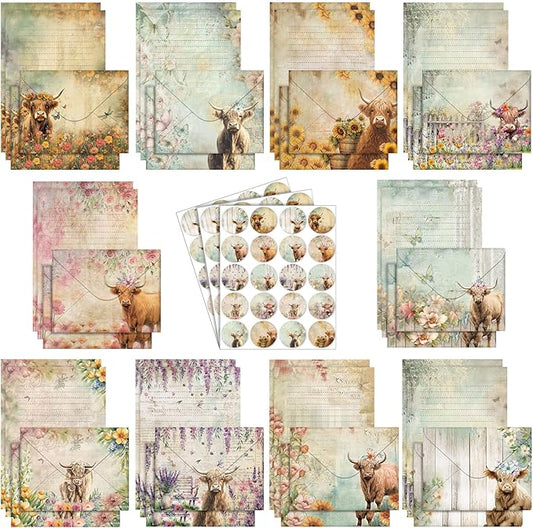 TaoBary 160 Pcs Stationery Paper Set 50 Double Sided Stationery Papers with 50 Matching Envelopes and 60 Round Dot Sticker, 10 Design(Floral Highland Cow,5.5 x 8.25 Inch)