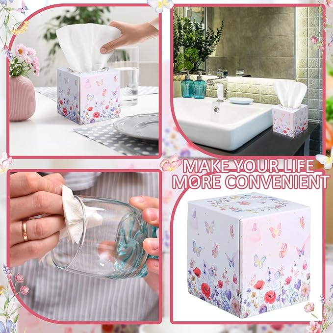 12 Pack Summer Floral Butterfly Facial Tissues Cube Boxes 600 Sheets 3 Ply Small Flower Face Tissues Bulk for Summer Car Bedroom Supplies