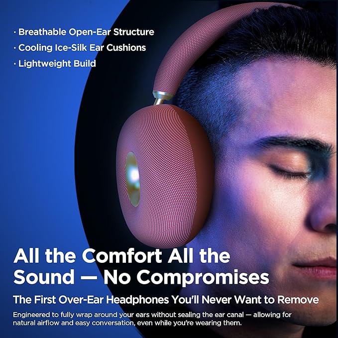 Open Ear Wireless Headphones, Bluetooth 5.3 Over-Ear with Removable Noise-Canceling Ear Caps, Dual-Driver HiFi Sound, 24H Battery Life Comfortable Fit, Type-C Fast Charging for Travel, Work, Office