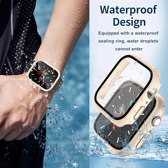 Waterproof Case for Apple Watch Series 9 Series 7 8 41mm, Built-in Screen Protector with Tempered Glass [Touch Sensitive] Cover for iWatch S9/S8/S7 Accessories 41mm, Rose Gold
