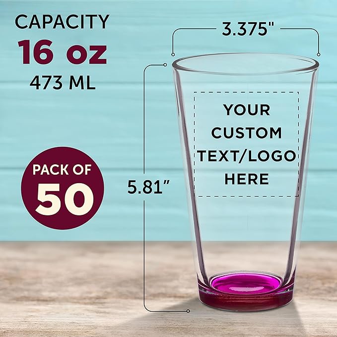 Custom Arc Pint Glass 16 oz. Set of 50, Personalized Bulk Pack - Beer Glasses, Heavy Duty Drinkware - Pink