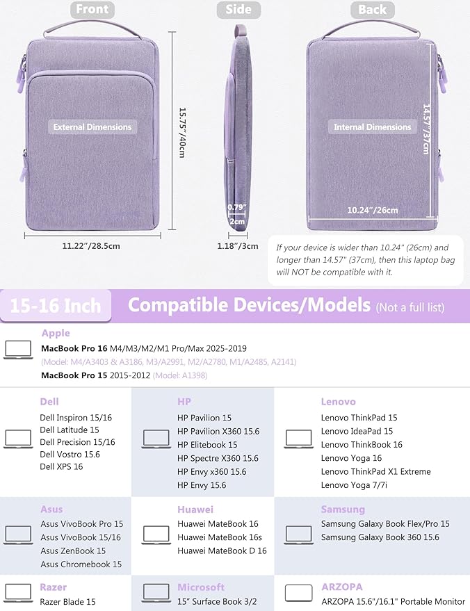 HYZUO 15-16 Inch Laptop Bag Sleeve for MacBook Pro 16 M4 M3 M2 M1 2025-2019, 15" Surface Book, Notebook Case for 15" 15.6" Dell HP Lenovo ThinkBook Asus Acer Samsung Huawei, Lilac Purple