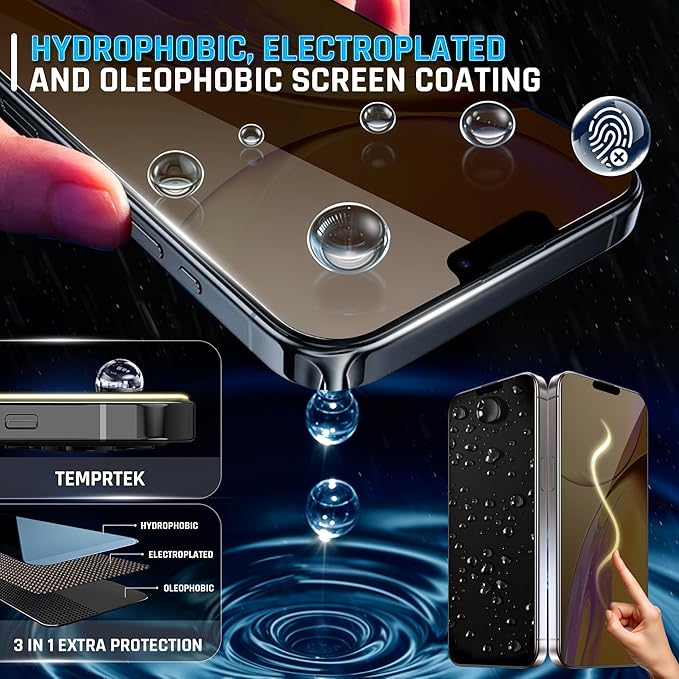 TEMPRTEK+ 2 Pack for iPhone 16 Pro Privacy Screen Protector Privacy 9H Military Grade Scratch Fingerprint Resistance Anti-Glare Shatterproof Tempered Glass Anti-Spy Easy Installation Bubble Free