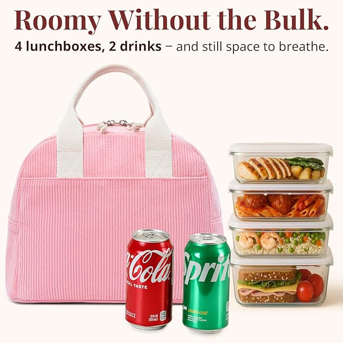 Insulated Sugar Pink Lunch Bag for Women, Stylish Corduroy Tote with Aluminum Lining, Large Capacity Reusable Cooler for Work, Travel, or Beach, Beige Cream Water-Resistant Lunch Box