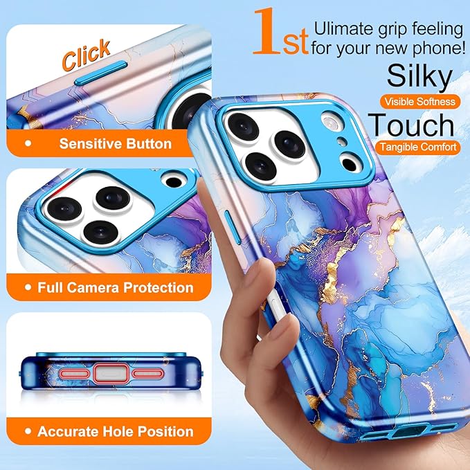 Btscase for iPhone 17 Pro Case [Compatible with Magsafe] [Military-Grade Drop Protection] Slim Anti-Scratch Smooth Touch TPU Bumper Shockproof Magnetic Phone Case for Women Girls Men, Blue Gold