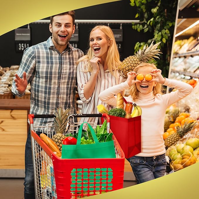 Reginary Reusable Totes Bags - 100 Pcs Non Woven Grocery Handle Bags for Shop Events & Retail Store (Red, Green)