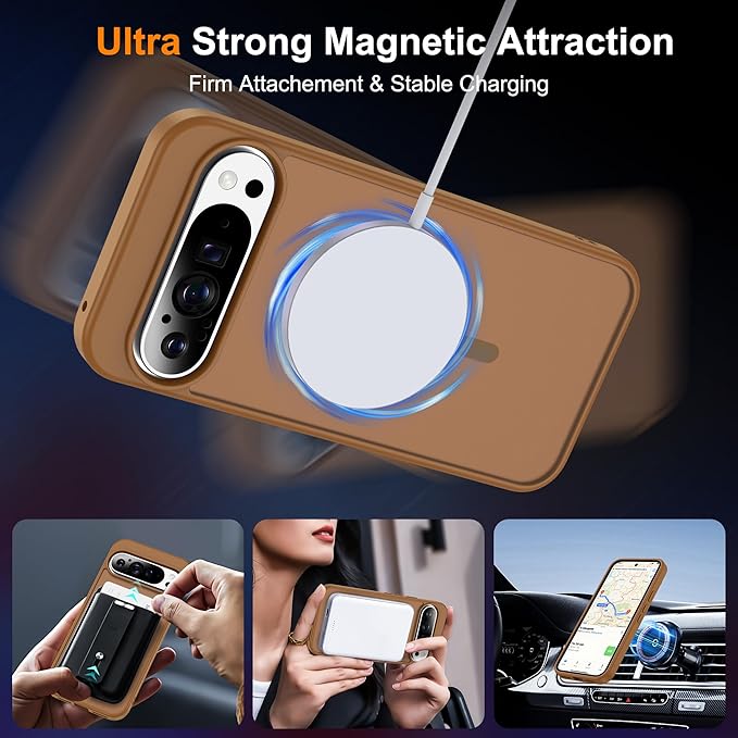 Compatible with Google Pixel 9 Pro XL Case with Magnetic [Compatible with Mag-Safe][Military Grade Drop Protection] Slim Translucent Matte Phone Case with Anti-Fingerprint Tech, Brown