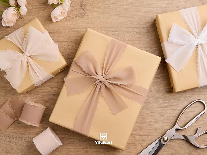 Vitalizart Handmade Chiffon Silk Ribbon Fringe 1.5" x 21 Yd White & Camel Frayed Edges Ribbons for Wedding Invitations Bridal Bouquets Gifts Wrapping Crafts Holiday Party Decorations