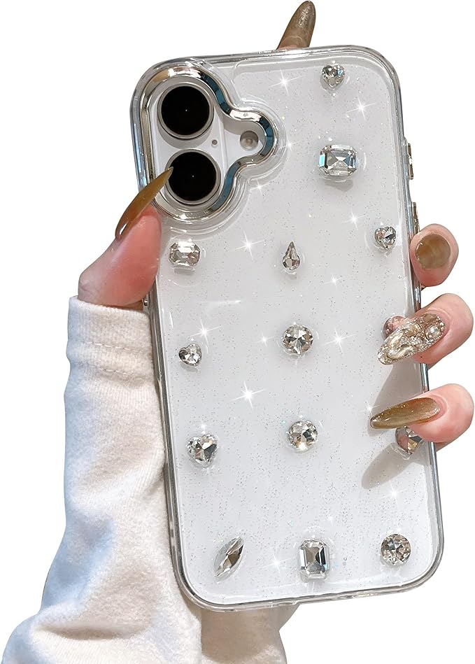 EYZUTAK Case for iPhone 16, Bling Glitter 3D Diamond Phone Case Cute Sparkly Crystal Clear Aesthetic Design Case Slim Soft Durable TPU Transparent Protective Cover for Women Girls - Crystal
