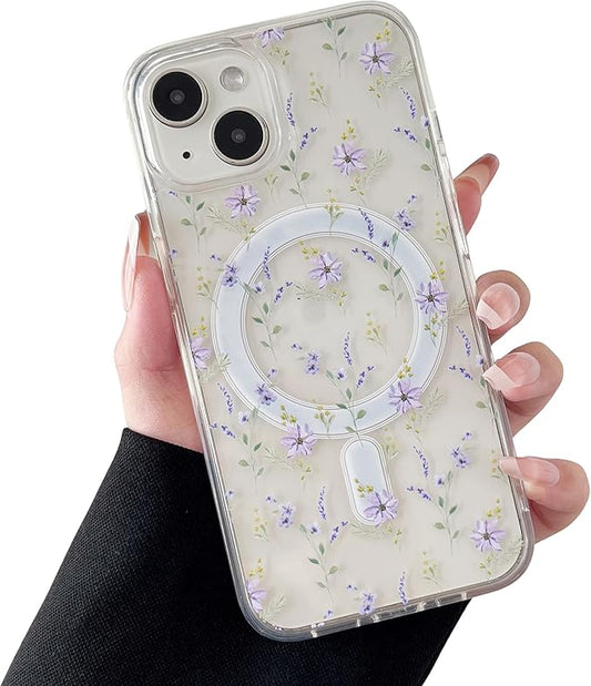 ZTOFERA for iPhone 13/14 Magnetic Case Compatible with Magsafe,Aesthetic Floral Pattern Design Cute for Girl Women,Anti-Drop Protective Hard Phone Cover for iPhone 13/14-Purple Flower