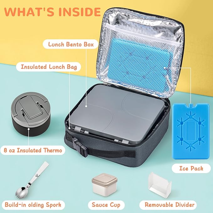 MAXSO Bento Lunch Box Set with 8 oz Soup Thermo, Kids Leakproof 4 Compartments Hot Food Container with Sauce Cup, Ice Pack and Lunch Bag, Child Insulated Food Jar for School - Black