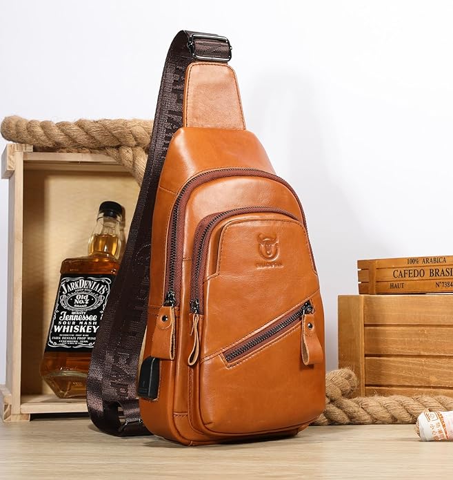 BULLCAPTAIN Mens Leather Sling Bag Backpack Casual Outdoor Shoulder Crossbody Chest Bag with USB Charging Port