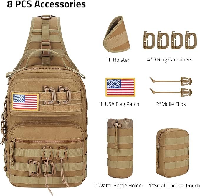 CVLIFE Tactical Sling Bag Backpack for Men Military Shoulder Sling Bag Molle Army Assault Detachable Tactical Bag with Bottle Holder Concealed Carry Daily Day Pack Work Bag for EDC Hiking, Khaki