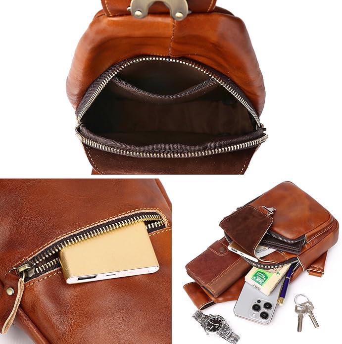 Genuine Leather Sling Bag for Men Women Backpack Chest Shoulder Satchel Crossbody Bags Casual Outdoor Daypack