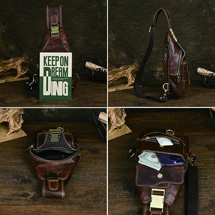 Genuine Leather Hiking Travel DayPack Sling Crossbody Triangle Chest Pack Bag For Men Women 8241